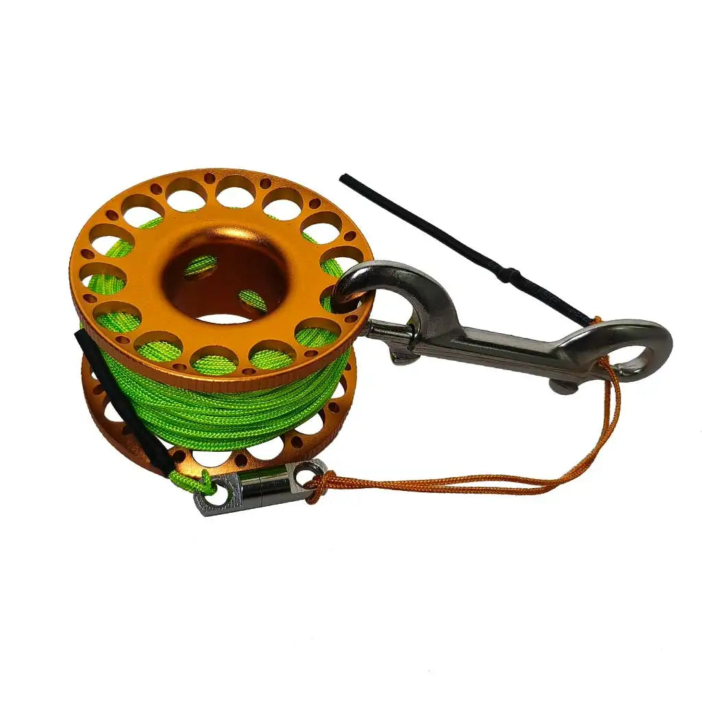 30M Aluminum Alloy Scuba Diving Spool Finger Reel with Stainless Steel double ended hook Cave Tech Wreck Diving Finger Reel Oasis Select Green-Orange 30M