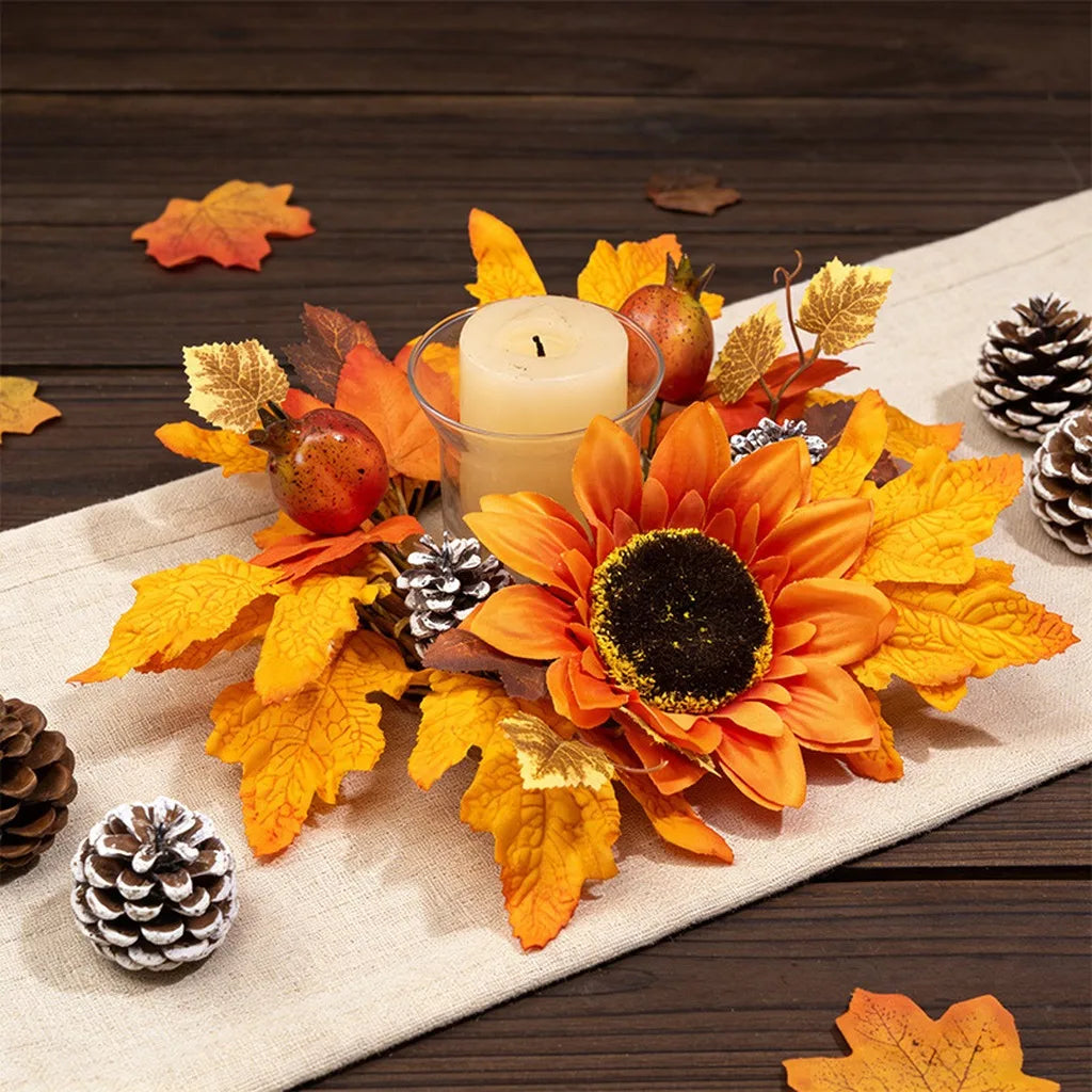 Thanksgiving Candle Holder Nordic Aesthetic Fall Maple Leaf Decoration Artificial Sunflower Wreath High Simulation For Harvest Oasis Select