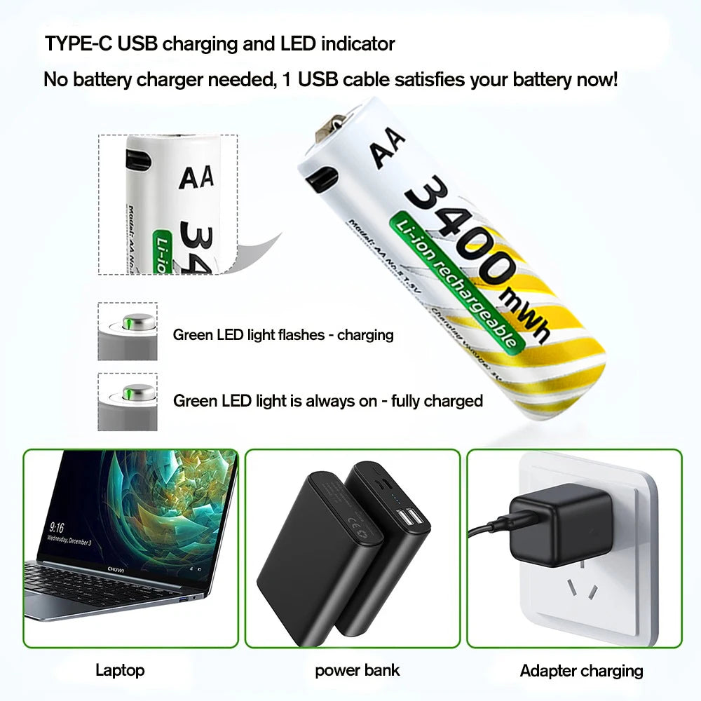 USB-C Fast Charge Lithium-ion AA and AAA Rechargeable Batteries, 3400mWh AA + 900mWh AAA Ideal for Daily Electronics & Toys Oasis Select