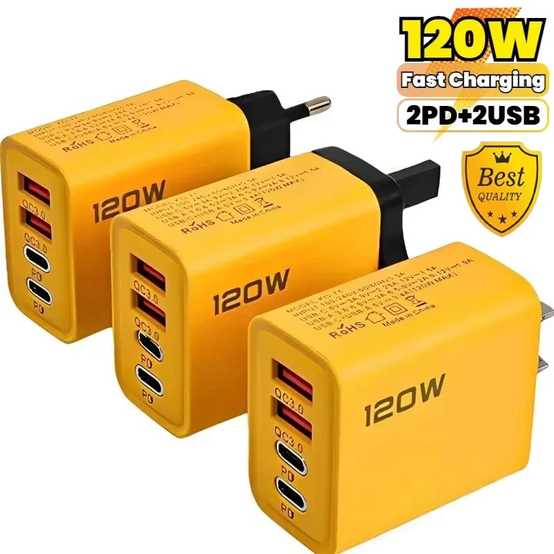 Total 120W Phone Charger Fast Charging Quick Charger PD USB Type C Wall Adapter For iPhone 16 15 Xiaomi 14 Huawei Redmi Oneplus Oasis Select Yellow EU