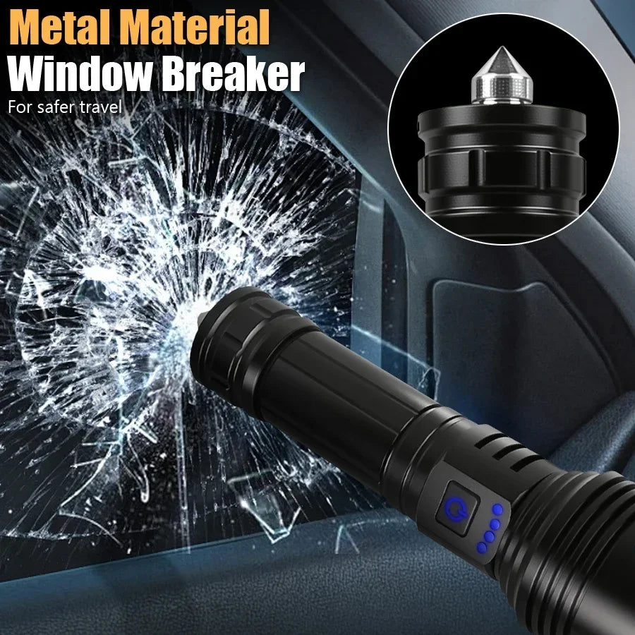 100000LM Ultra Bright LED Flashlight Rechargeable with Flame Ignition&Window Breaker Tactic Torch for Outdoor Camping Adventure Oasis Select