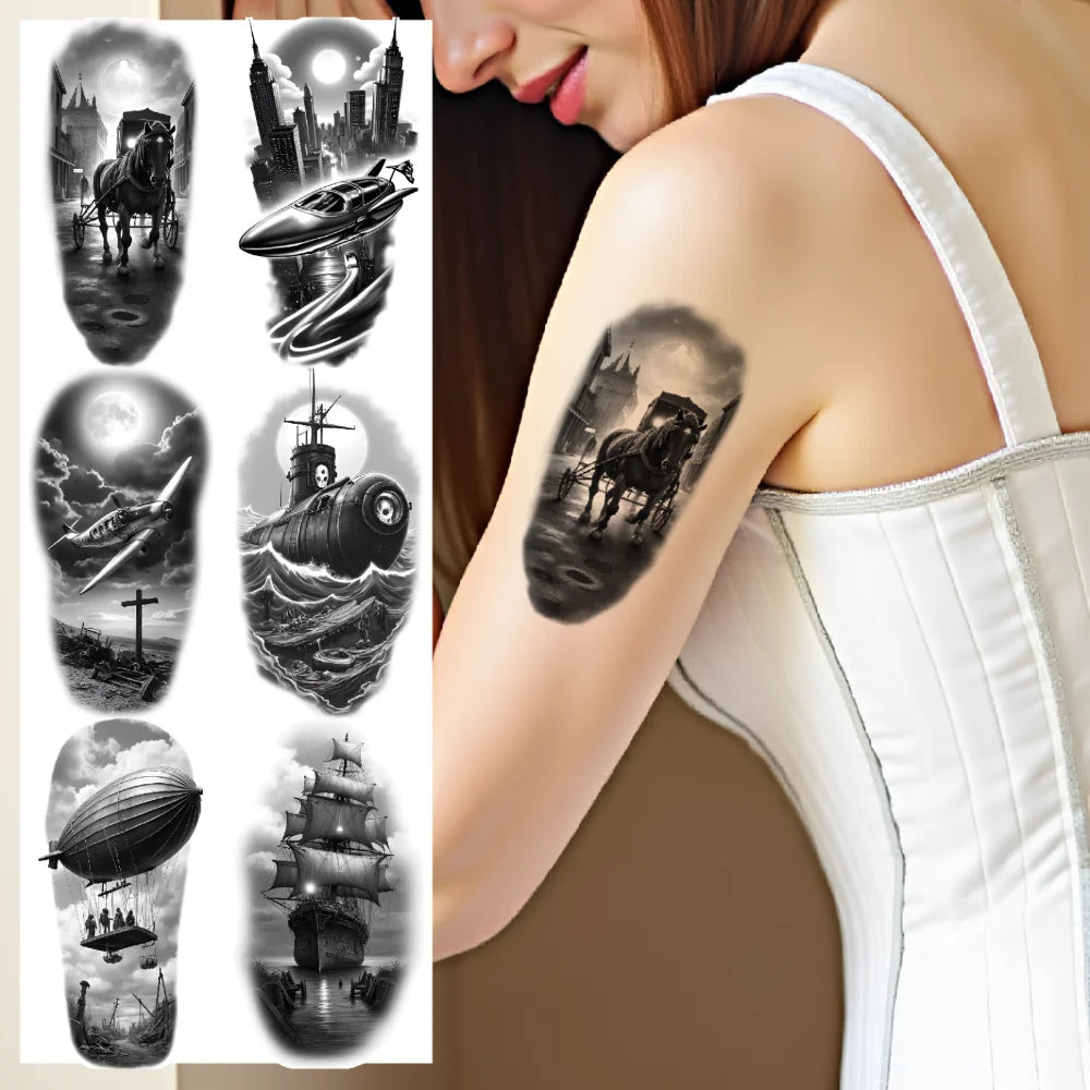 12pcs Waterproof Temporary Tattoo Stickers – Sailboat & Cityscape