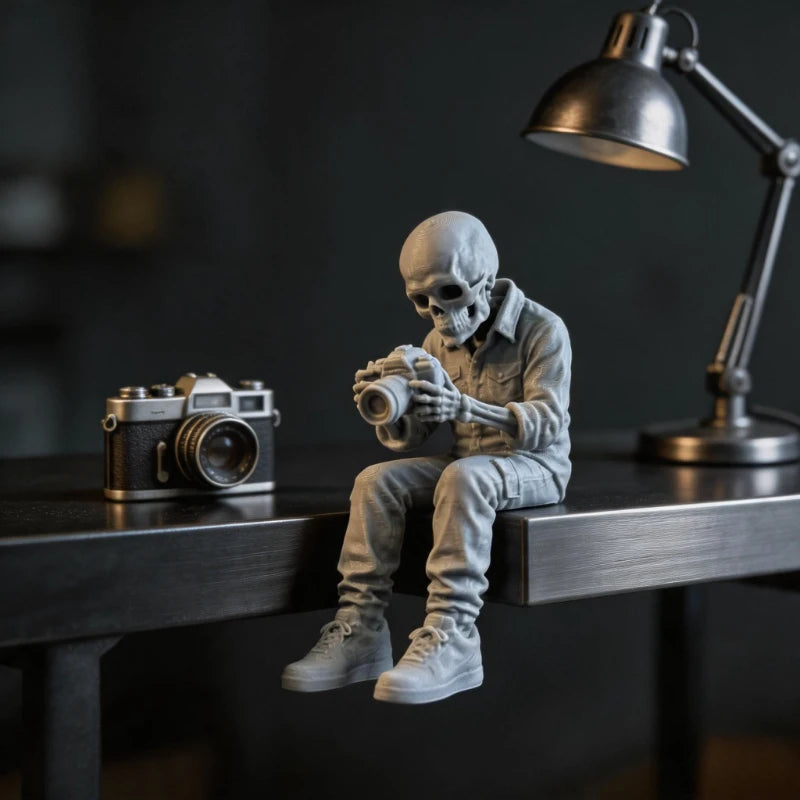 Spooky Skeleton Photographer Mini Figurines Sitting Ornaments Decorations for Desktop Bookshelves Gothic Home Photographer Gifts Oasis Select photographer Gray 10x6.7x4.6cm
