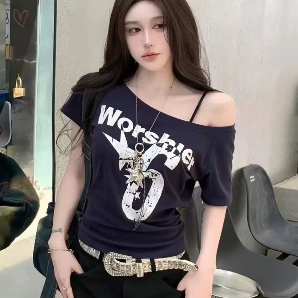 Trendy Y2k Off Shoulder Top Letter Print Body Basic Crop Top Skew Collar Summer Top Vintage Style Oasis Select
