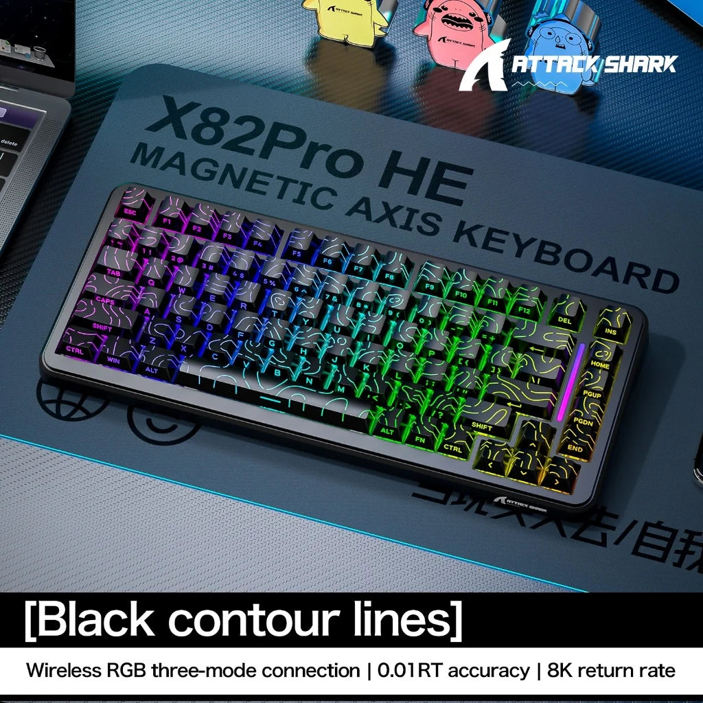 ATTACK SHARK X82Pro HE Wireless Magnetic Axis Gaming Keyboard 8KHz Rate 0.01mm RT Precision 5000mAh Tri Mode RGB 82 Keys PBT Oasis Select Black contour lines