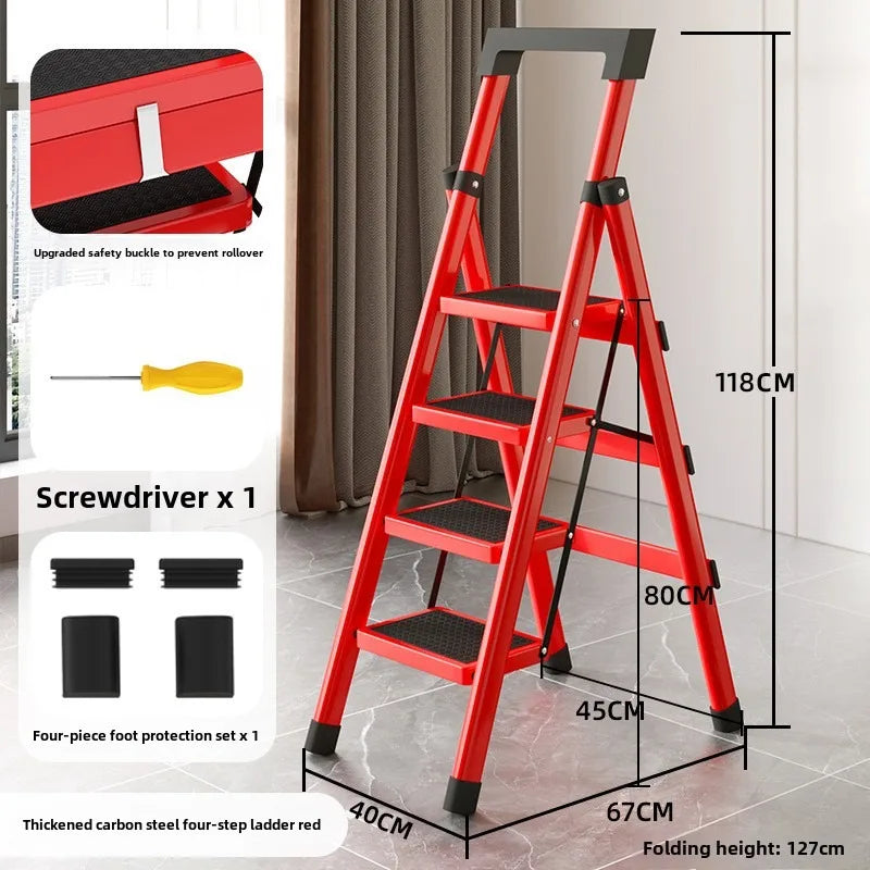 Home ladder stool folding zigzag ladder anti slip pedal ladder indoor and outdoor multifunctional portable ladder Oasis Select Four steps red