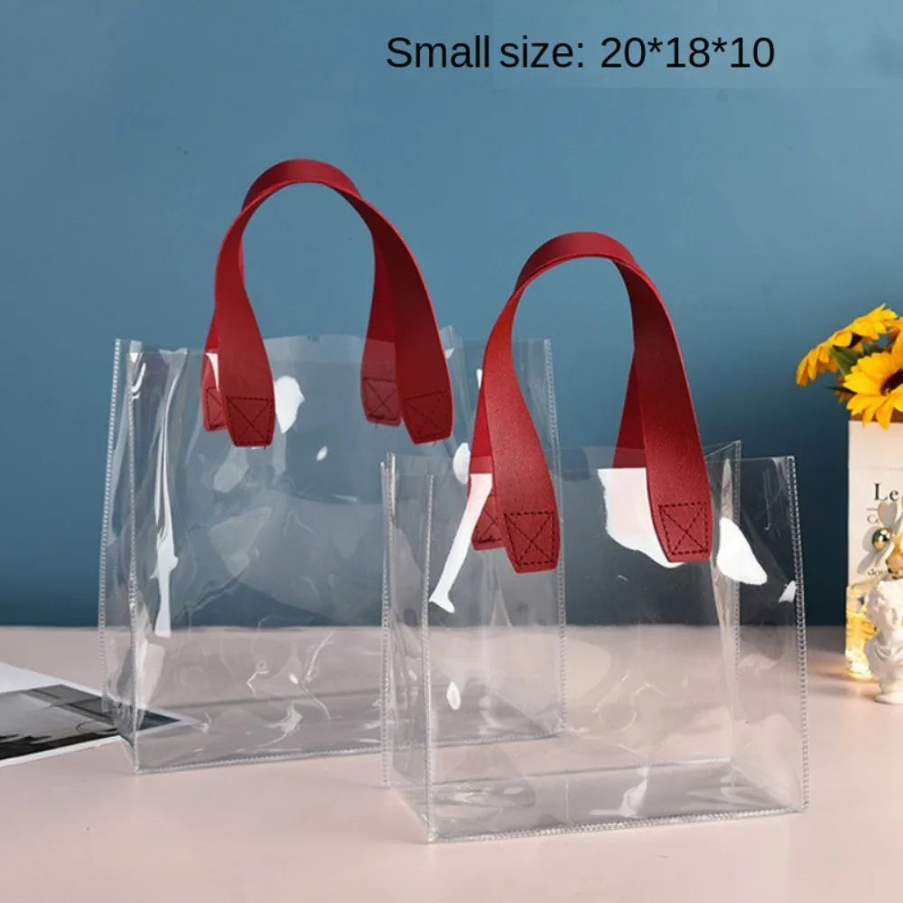 Large Capacity PVC Clear Tote Bag Transparent Handle Transparent Shopping Bags Waterproof Storage Bag Oasis Select -Small Red