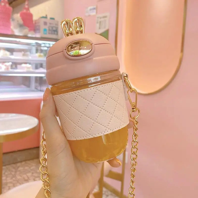 1 PCS Cute Bunny Ear Clear Large Capacity Water Bottle Pearl Strap Cartoon Decors For Girls Daily Use Oasis Select pink380ml C