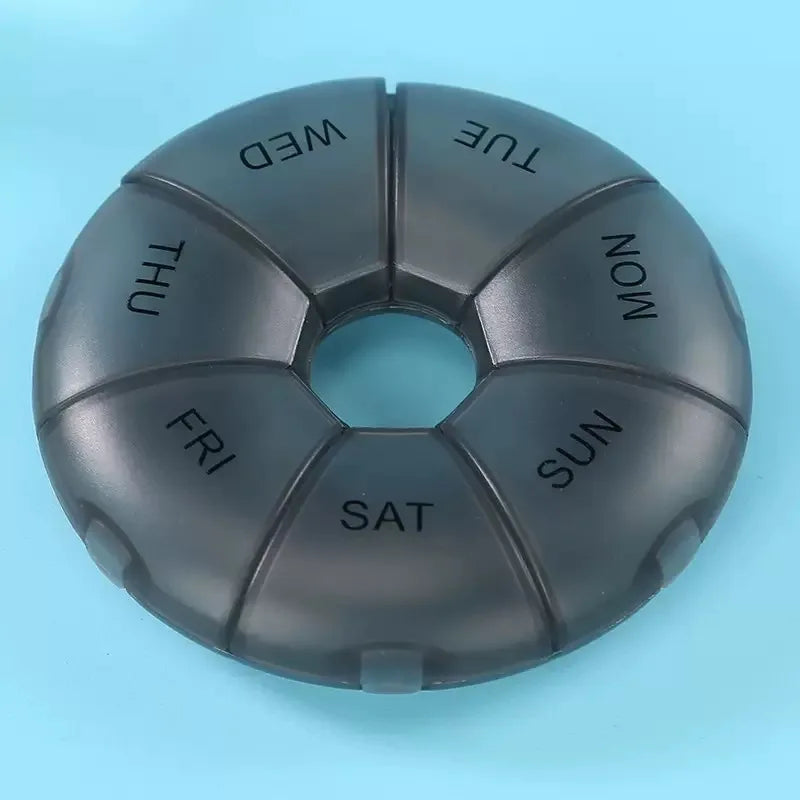 1Pcs Round Pill Case Plastic 7 Days Weekly Tablet Candy Box Portable Storage Tablet Holder Travel Organizer Pill Container Oasis Select black