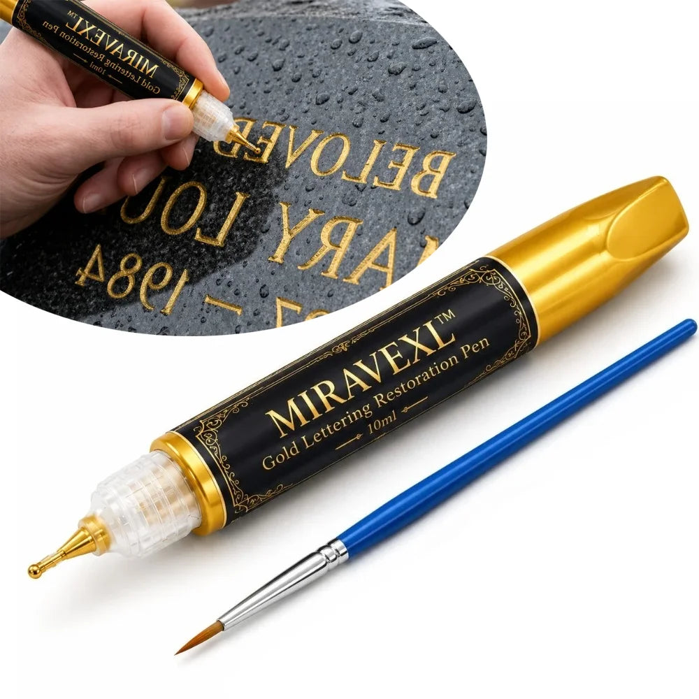 Headstone Paint Touch-Up Set - Professional Gold Ink Restoration Marker & Fine Brush For Memorial Engraving and Lettering Oasis Select