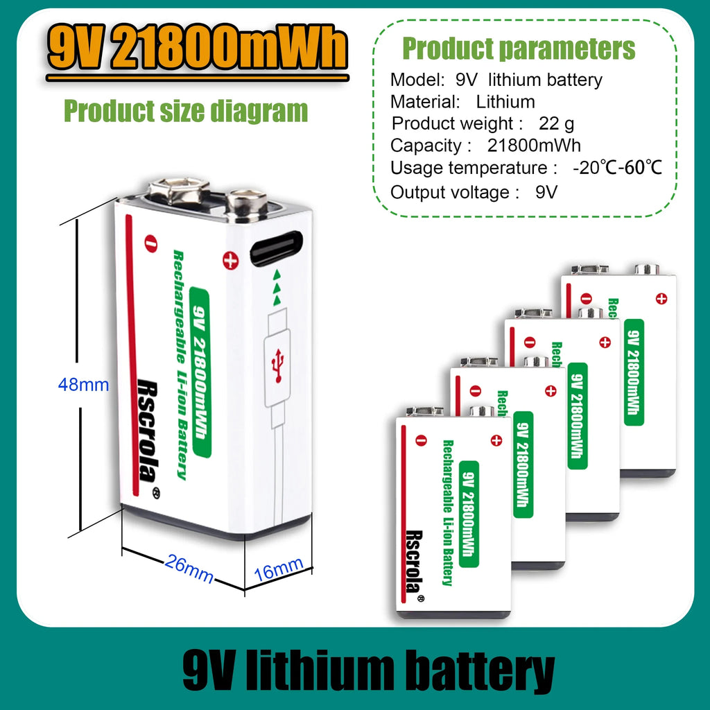 Long-Lasting 9V Lithium Ion Rechargeable Battery 21800mWh High Capacity for Guitar Microphone Smoke Detector Pedal with Cable Oasis Select