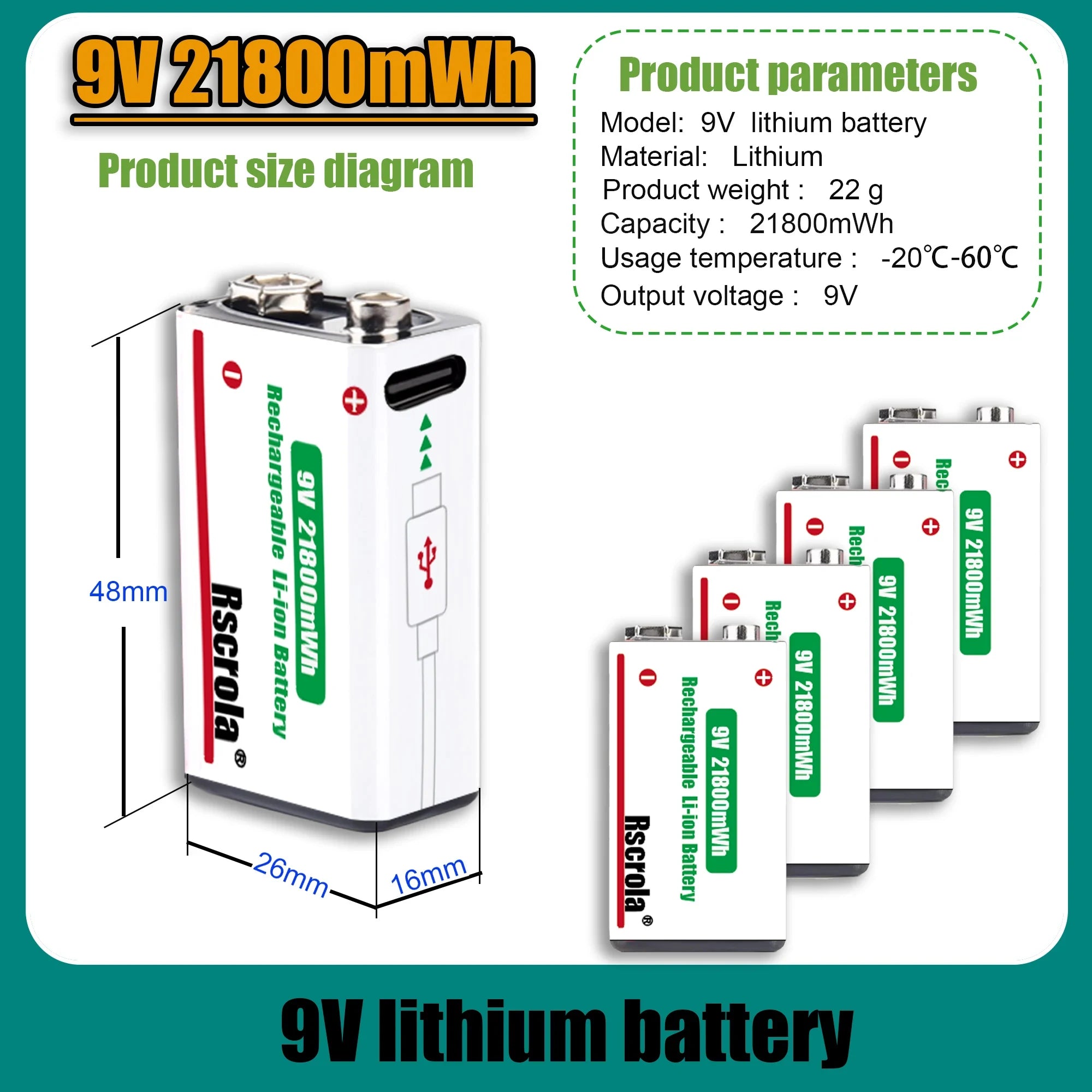 Long-Lasting 9V Lithium Ion Rechargeable Battery 21800mWh High Capacity for Guitar Microphone Smoke Detector Pedal with Cable Oasis Select