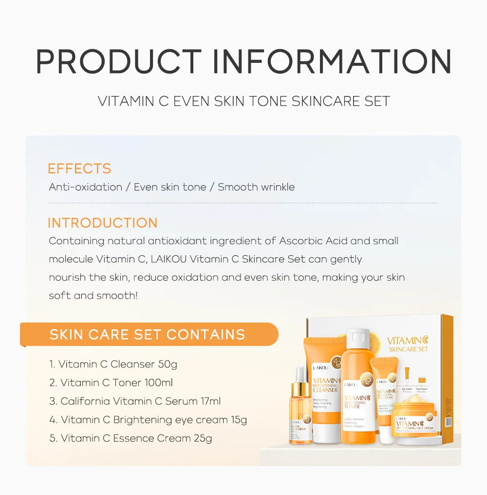 5 Pieces Vitamin C Skincare Set Moisturizing Face Serum Brighten Cream Antiage Eye Cream Toner Facial Care Set for Dropshipping Oasis Select