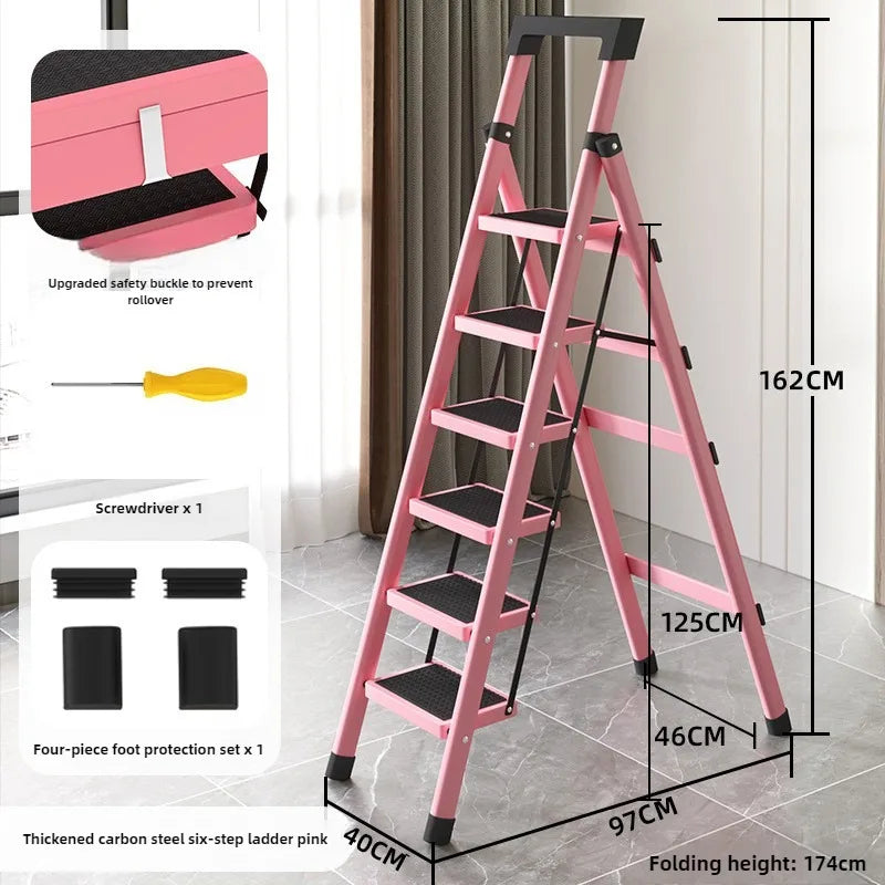 Home ladder stool folding zigzag ladder anti slip pedal ladder indoor and outdoor multifunctional portable ladder Oasis Select Six steps pink