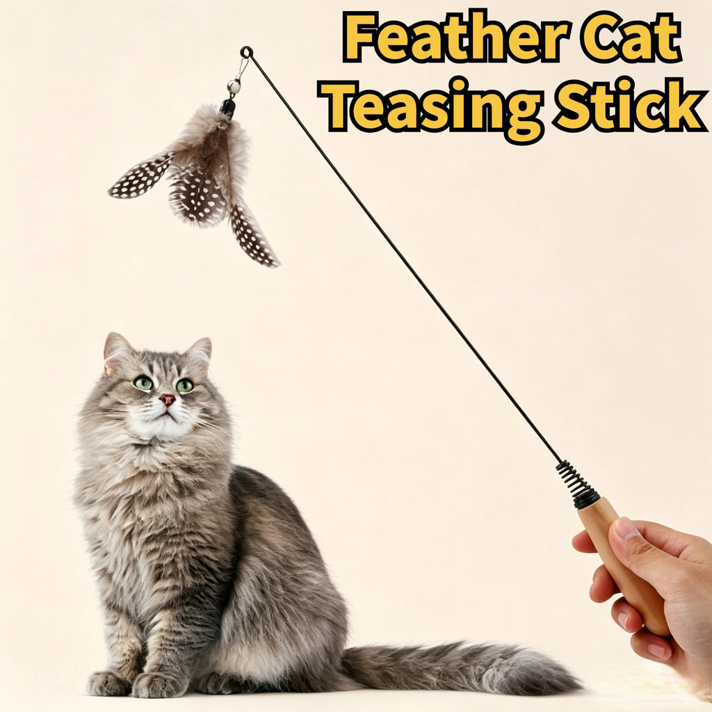 Spring Teasing Cat Stick Wooden Handle Cat Teaser Stick Toy Feather Funny Simulation Fishing Rod Bell Squeaky Cat Toy Oasis Select
