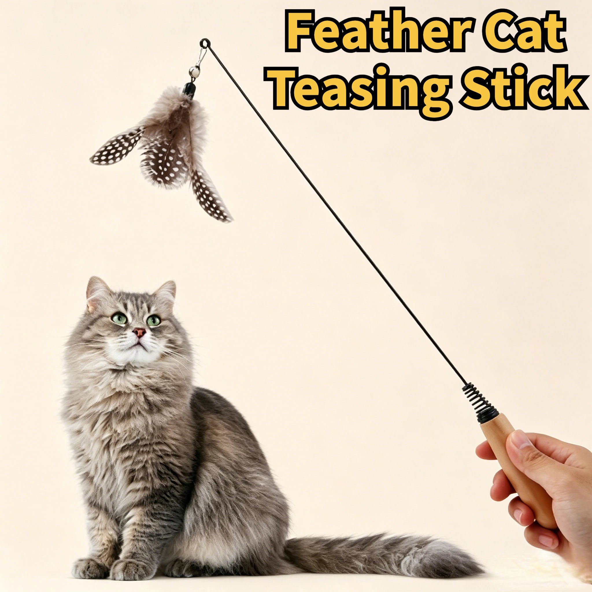 Spring Teasing Cat Stick Wooden Handle Cat Teaser Stick Toy Feather Funny Simulation Fishing Rod Bell Squeaky Cat Toy Oasis Select