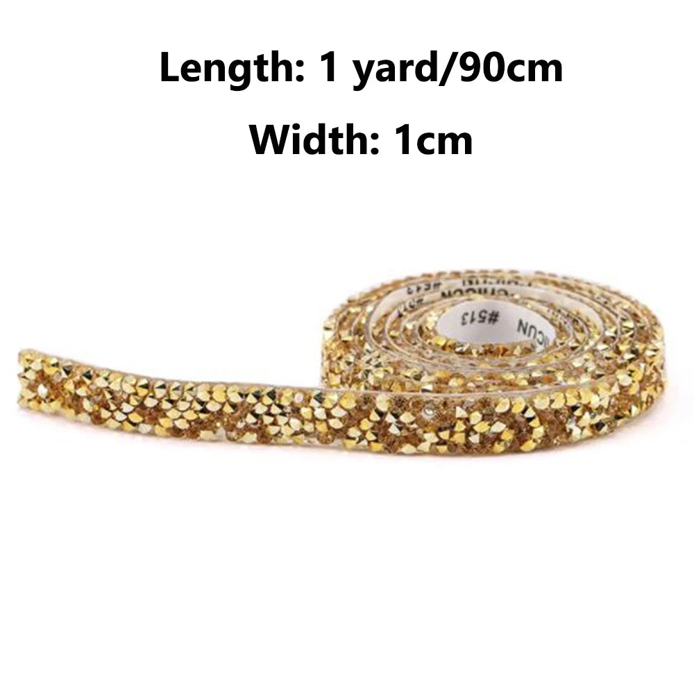 1 Yard Self-Adhesive Gold Crystal Rhinestone Tape Trim Applicator DIY Shoes Dresses Decoration Rhinestones Ribbon Roll Crafts Oasis Select 1cm Gold