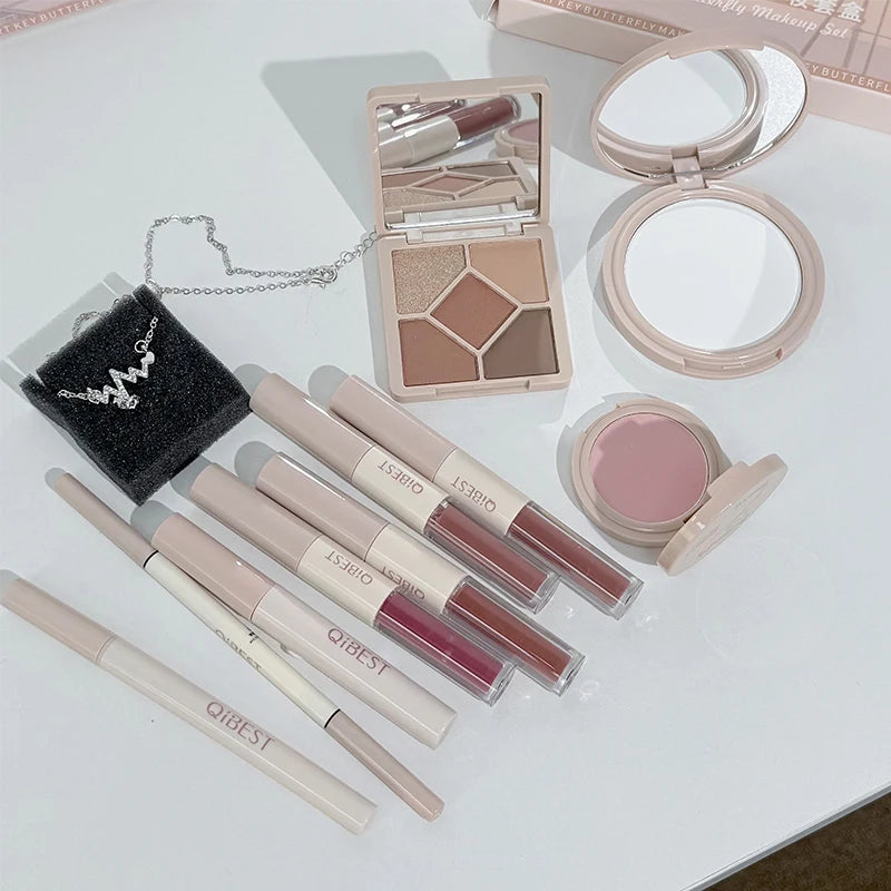 QIBEST 4 Colors Double Head Lip Glaze,Pressed Powder,Blush,Eyeshadow, Eyebrow Pencil,Eyeliner,Lip Oil Multipurpose Makeup Kits Oasis Select