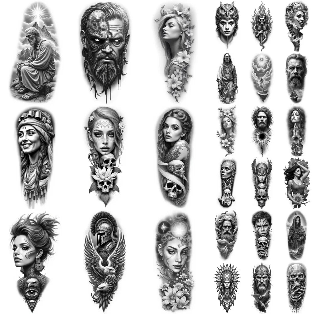 12pcs Realistic Temporary Tattoos – Eagle, Warrior & Bearded Man