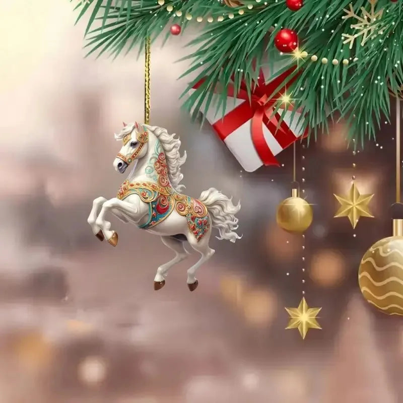 New Exquisite White Horse Acrylic Flat Car Rearview Mirror Pendant Home Decoration Backpack Keychain Hanging Christmas tree Deco Oasis Select