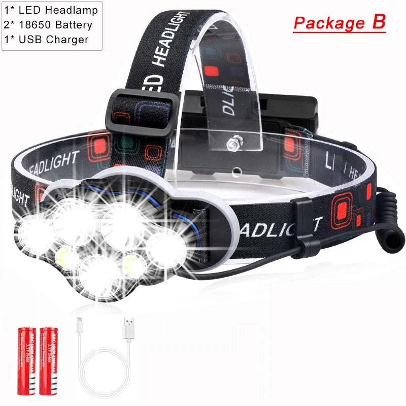 Most Powerful 7 LED Headlamp 18650 Rechargeable Headlight Waterproof Head Lamp Super Bright Head Flashlight Oasis Select Package B