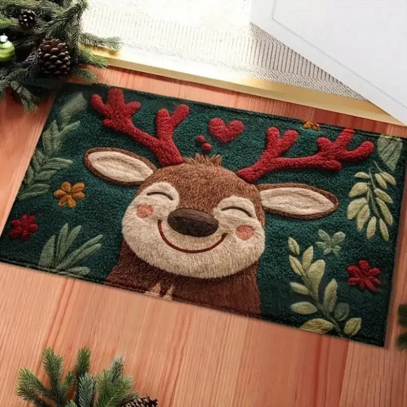1pc Fluffy Christmas Deer Microfiber Bath Mat - Quick-Dry & Absorbent, Festive Holiday Design With Red Berries & Green Leaves Oasis Select Default Title