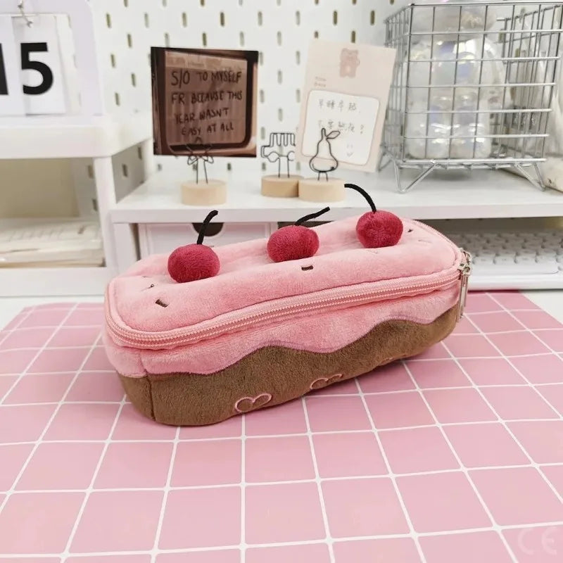 1Pcs Cute Pencil Bag Plush Cherry Cake Pencil Case Large Capacity Student Stationery Storage for Girls Kids Back to School Gift Oasis Select