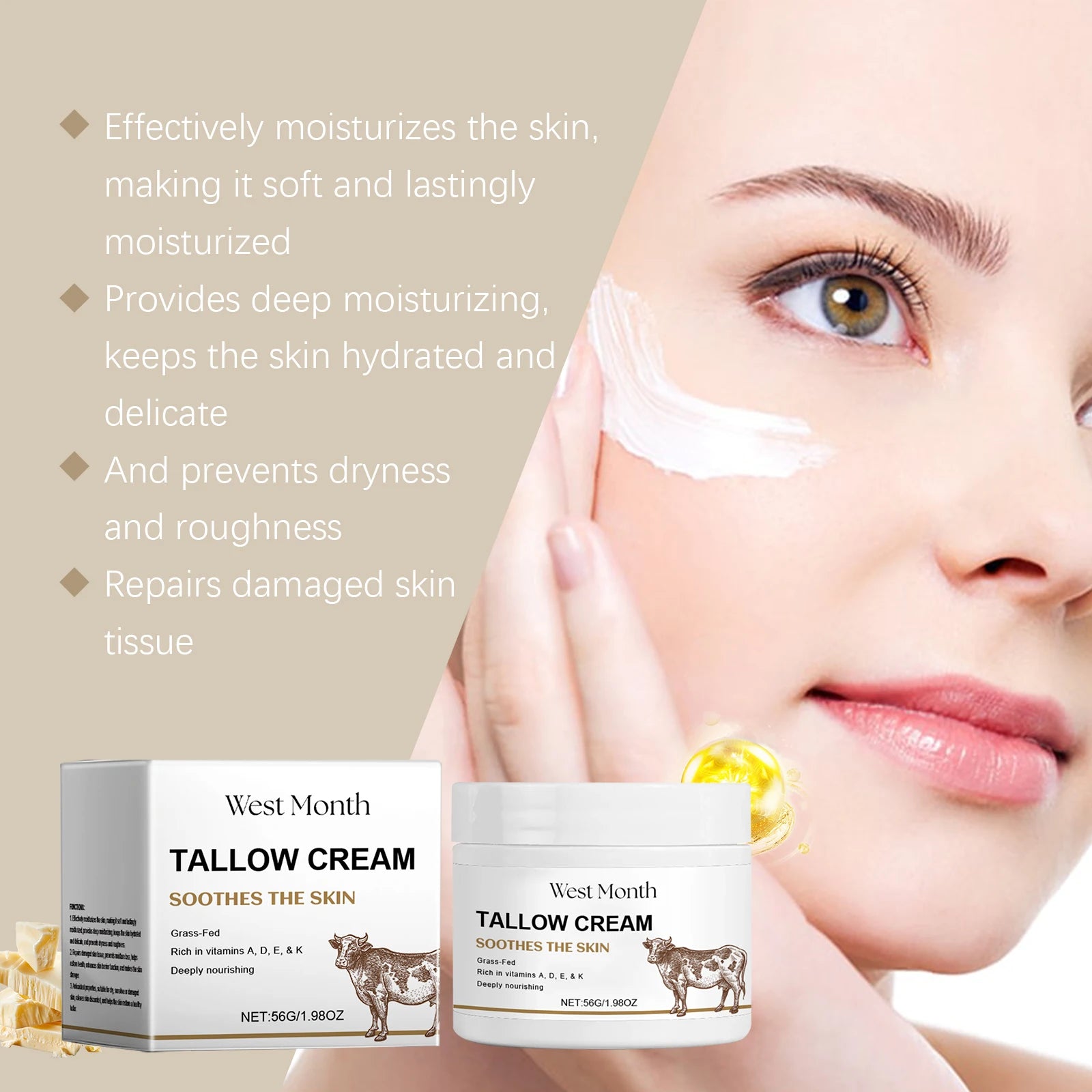 Tallow Face Cream Fade Fine Lines Lifting Firming Hydrating Smoothing Brighten Moisturizing Nourishing Balm Skin Care Oasis Select