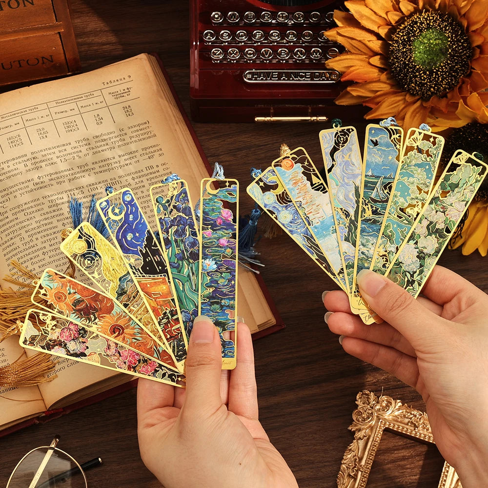 12 pcs Vintage Painting Metal Bookmark Hollow Long Tassel Bookmark Students Reading Tool For Book Lovers Friends Office School Oasis Select