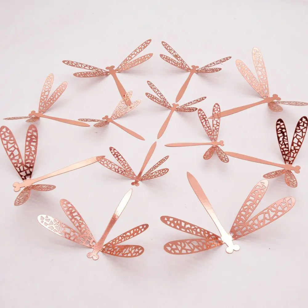 12-Pack 3D Dragonfly Wall Stickers – Gold Silver Rose Gold