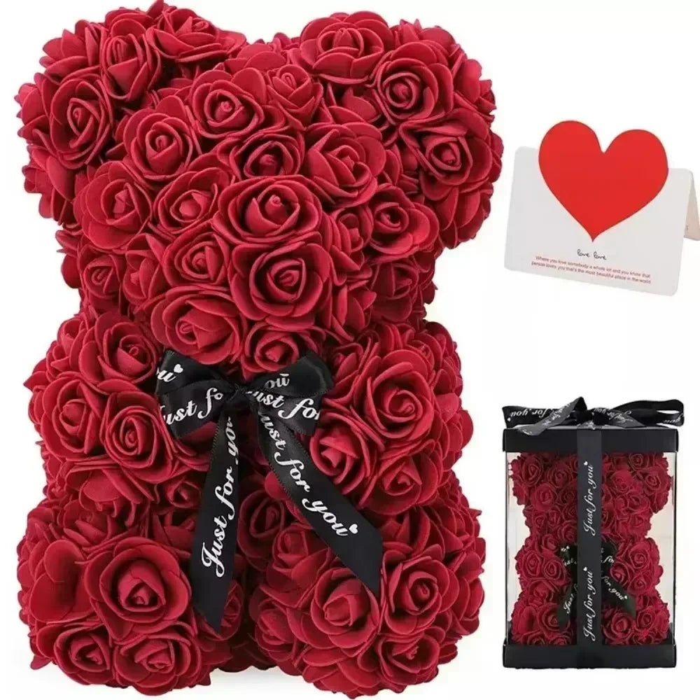 Eternal Rose Teddy Bear with Artificial Flower Birthday Anniversary Gift Decor Miniature Keepsake for Girlfriend Valentine Day Oasis Select