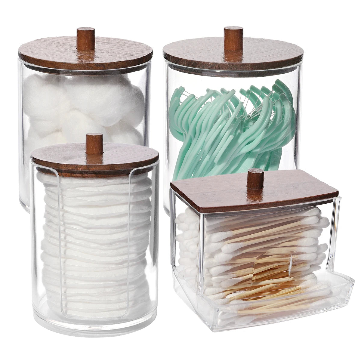 4pack Cotton Swab Holders,With Walnut Stained Wood Lids Apothecary Jar Containers, Cotton Ball Dressers, Bathroom Organization Oasis Select