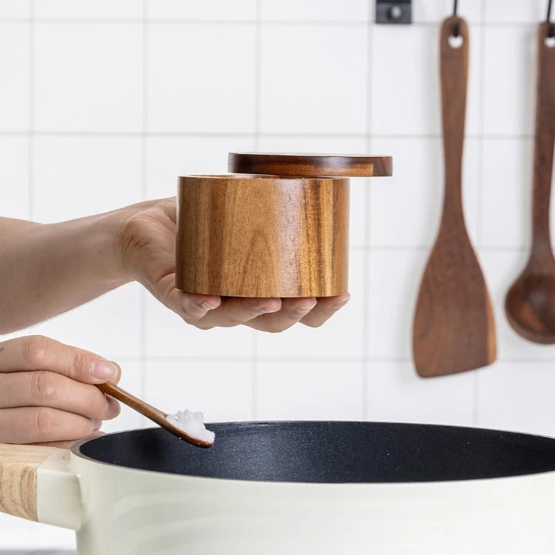 Wooden Salt Cellar with Spoon Kitchen Salt Box Pepper Jar with Swivel Closure Lid Round Container To Condiment Spice Container Oasis Select