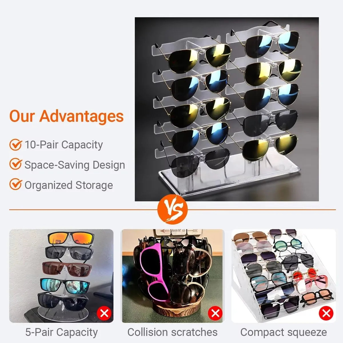 Transparent Acrylic Double 1pc Row Sunglasses Rack | Eyeglasses Display Stand & Storage Organizer Holder for Sunglasses Oasis Select