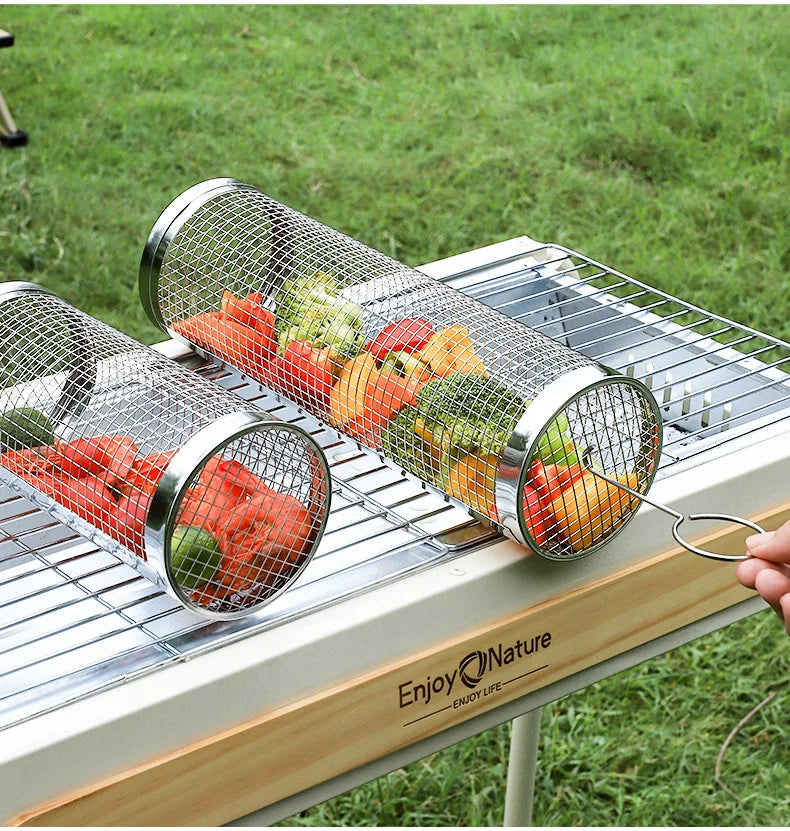 Round Barbecue Cage, Outdoor BBQ Smoking Cage, Portable Barbecue Stove, Rotating and Rolling Stainless Steel Cage Oasis Select