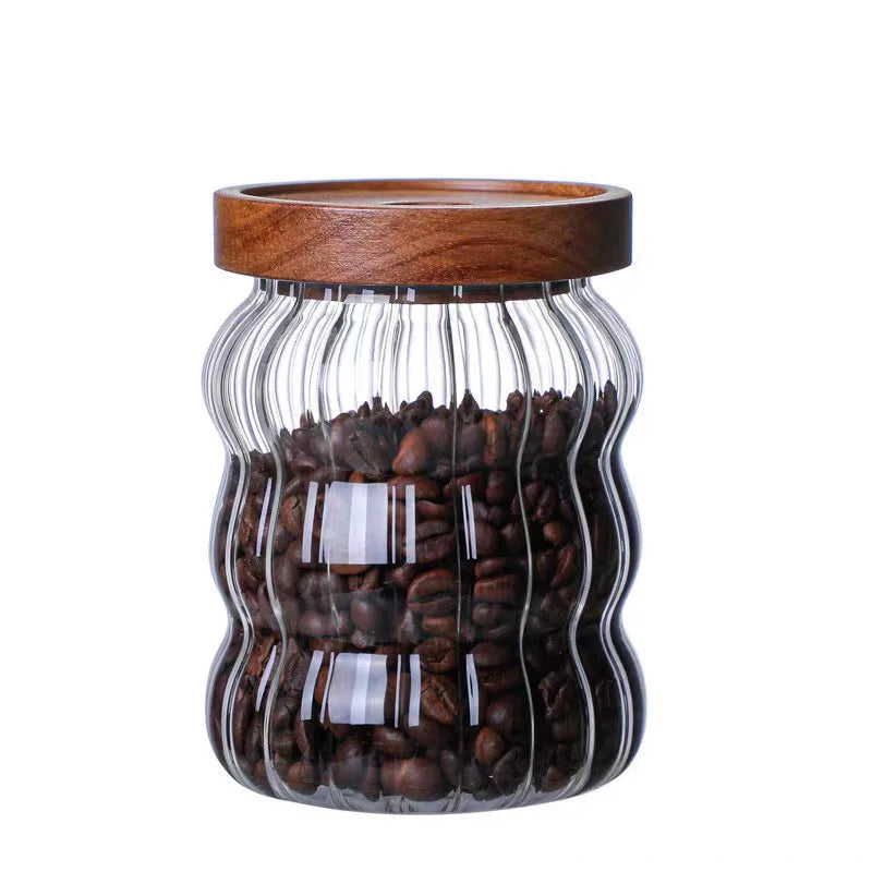Wood Lid Striped Glass Airtight Canister Kitchen Storage Bottles Jars Food Container Coffee Beans Grains Candy Jar Containers Oasis Select