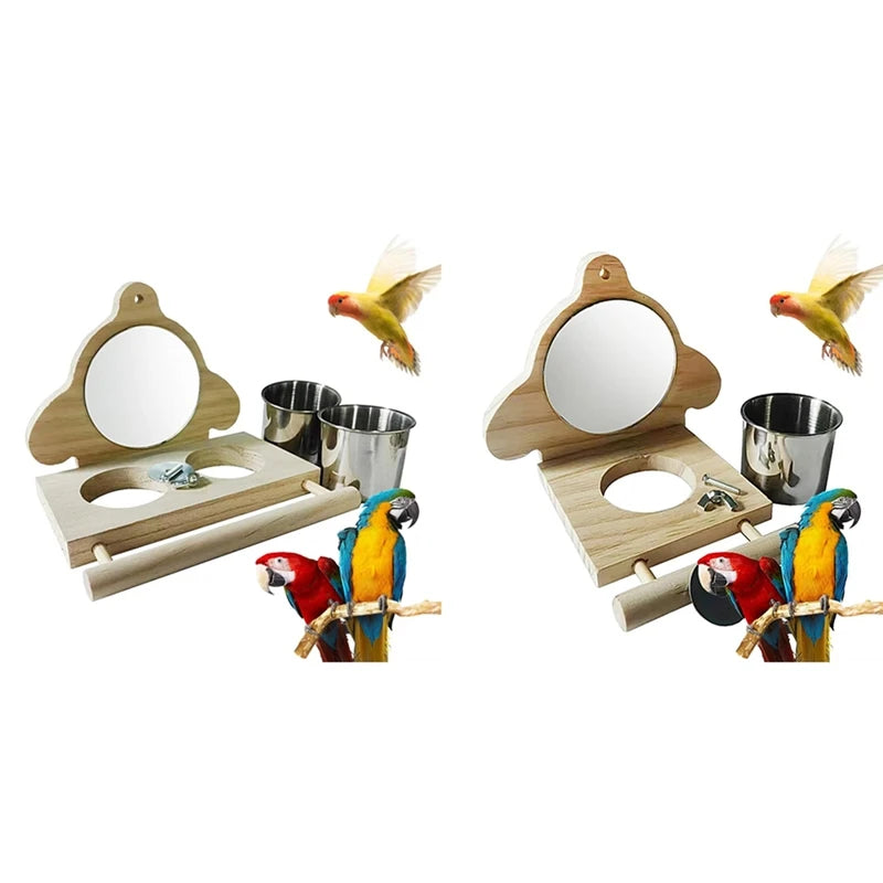 WISH Parrot Perch Wooden Parakeet Mirror Toy Bird Parrot Perch With Mirror And Feeding Cups Cage Play Toy For Lovebird Oasis Select