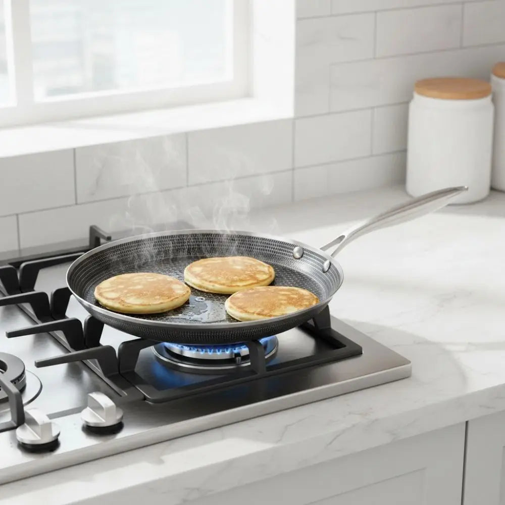 Universal Honeycomb Pattern Crepe Pan Ergonomic Handle Stainless Steel Pancake Pan Evenly Heated Flat-bottomed Frying Pan Stove Oasis Select