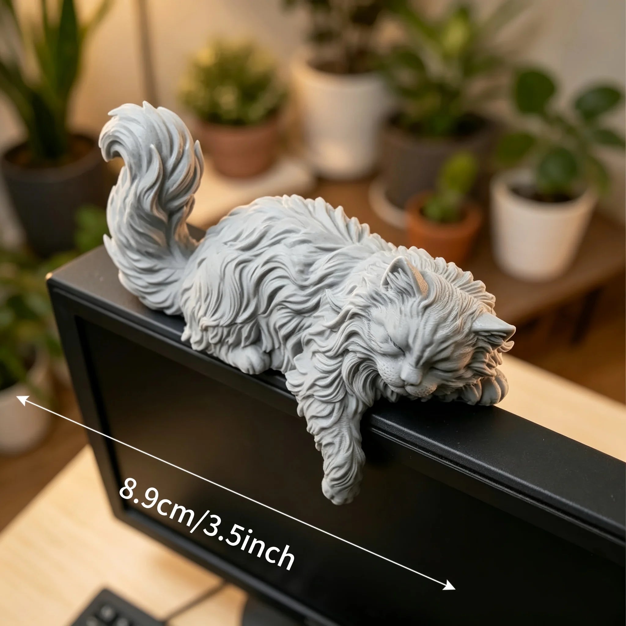 Cute Long Hair Sleeping Cat Figurine 3D Printed Mini Pet Computer Monitor Hanging Decor Desk Ornament for Home Office Decor Gift Oasis Select Papa Cat