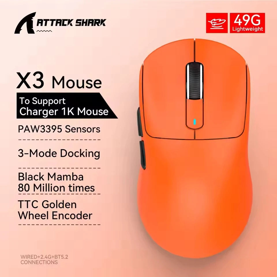 ATTACK SHARK X3 Wireless Tri Mode Gaming Mouse,49g Ergonomic PC Mouse, PAW3395 26K DPI Optical Sensor,Programmable Buttons Oasis Select X3 Orange