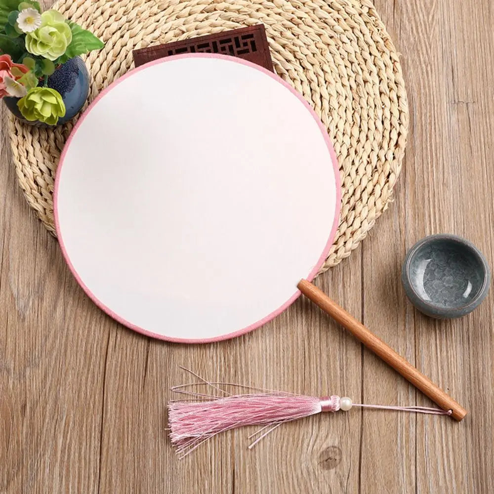 Vintage Blank Round Hand Fan Chinese Style Unfinished Wooden Silk Hand Fan with Tassel Elegant Art Painting Fans Wedding Party Oasis Select