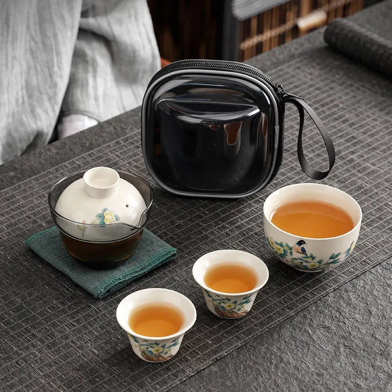 Grass Ash Travel Tea Set Household Car Outdoor Tea Making Portable One Pot Three Cups Oasis Select