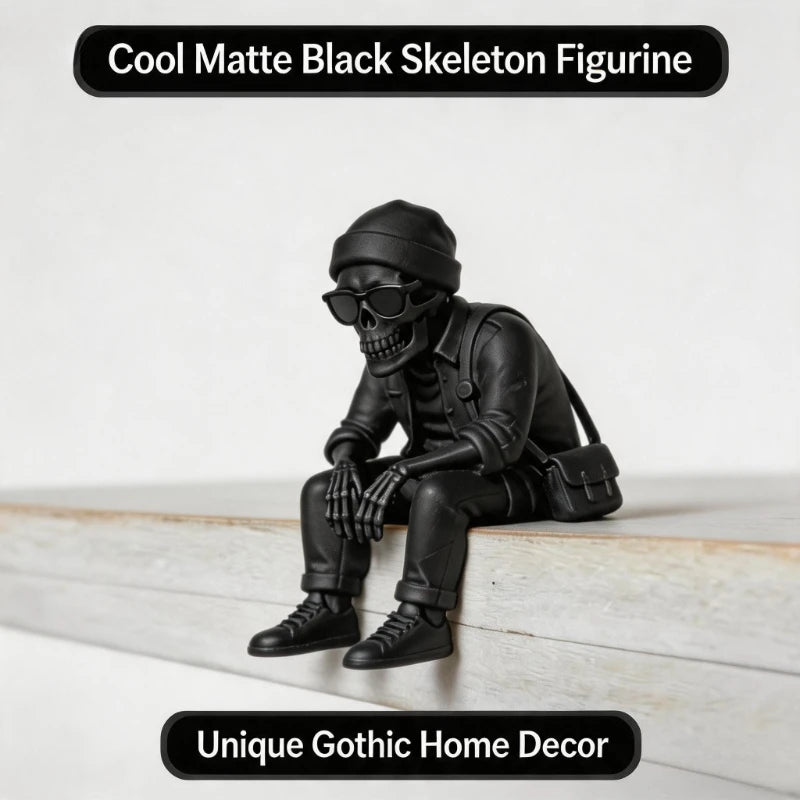 Street Style Skeleton Traveler Ornaments Fashion Skeleton Sitting Statues Cool Leisure Beanie Home Desktop Ornaments Decor Gifts Oasis Select