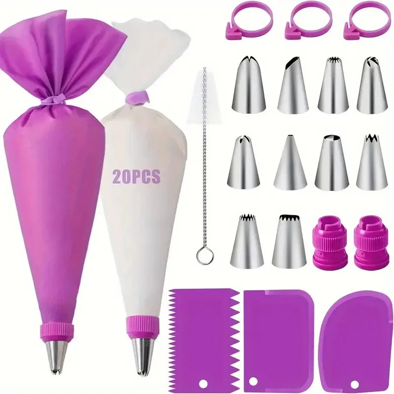 Cake Decorating Tool Set Silicone Pastry Bags DIY Cake Icing Piping Stainless Nozzle Reusable Cream Decorating Mouth Baking Tool Oasis Select F07-40Purple