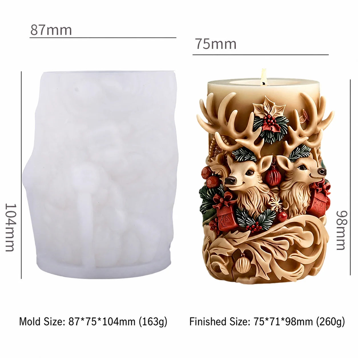 Double Deer Candle Mold Flexible Christmas Candle Mold Cylindrical Silicone Candle Mold Soft For Christmas Home Decoration Oasis Select Clear White