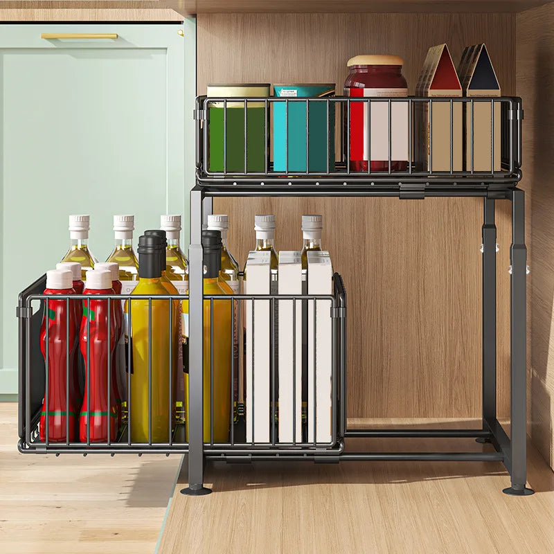 Kitchen lower sink rack, seasoning rack, storage basket, adjustable cabinet pull-out layered rack Oasis Select