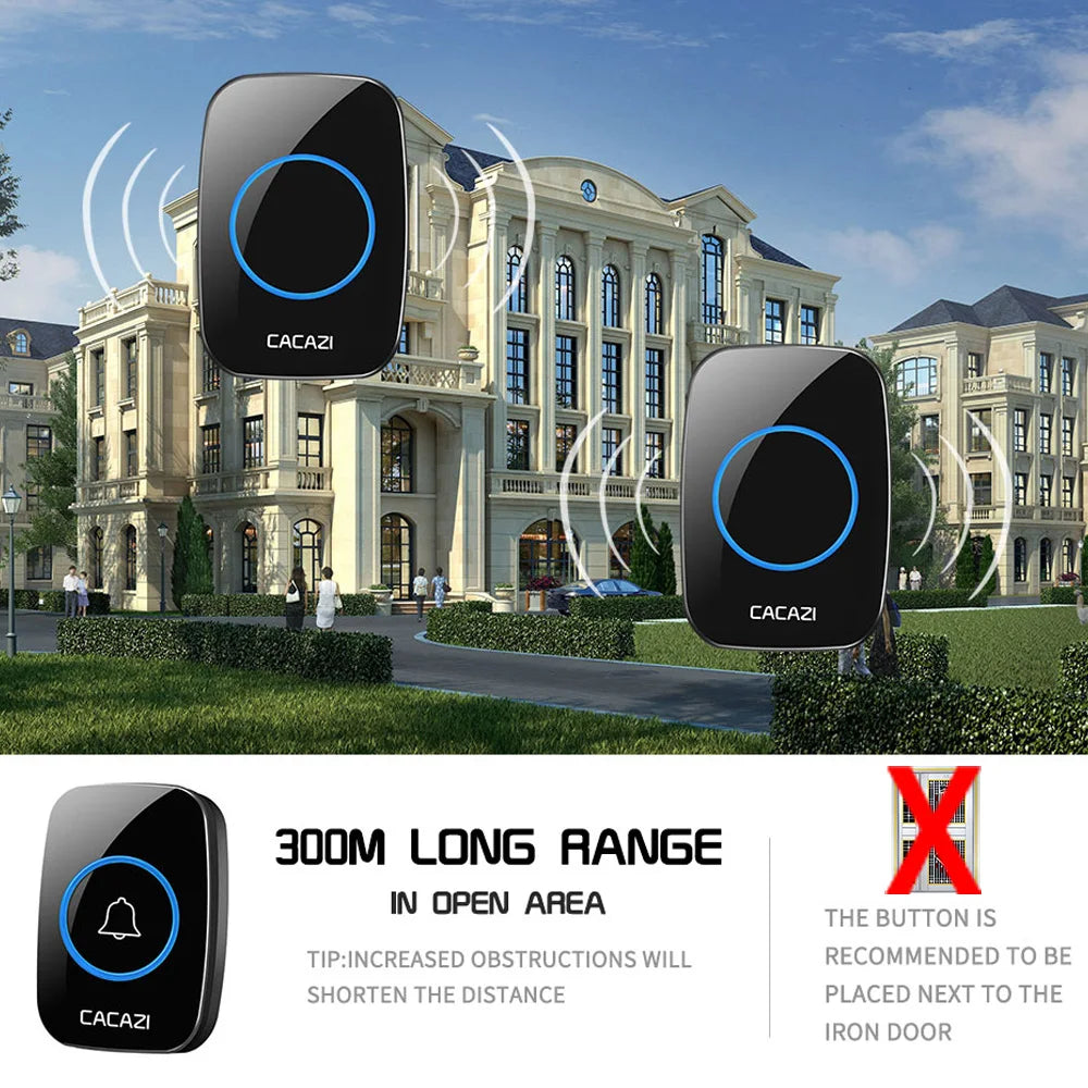 CACAZI New Wireless Doorbell Waterproof 300m Range US EU UK Plug-in Home Intelligent Door Bell Chime 1 2 Button 1 2 3 Receivers Oasis Select