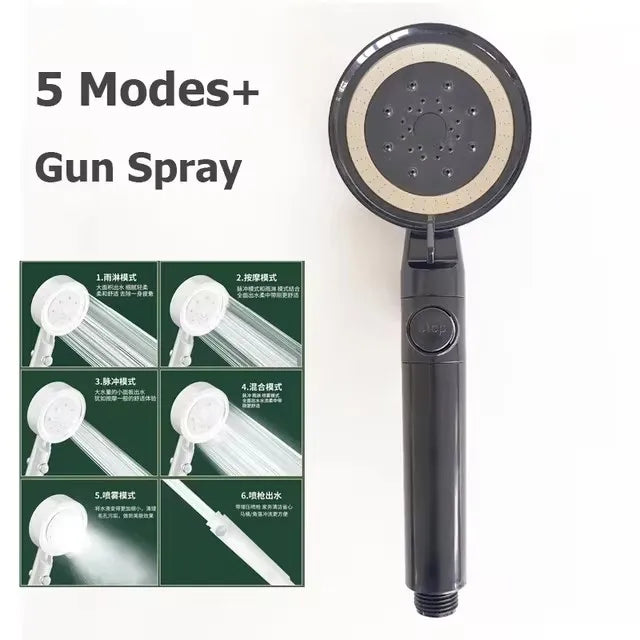 Black Silver Shower Head High Pressure 5 Modes Water Saving Nozzle Powerful Pressurized Spa Handheld Showers Bathroom accessorie Oasis Select Black with botton