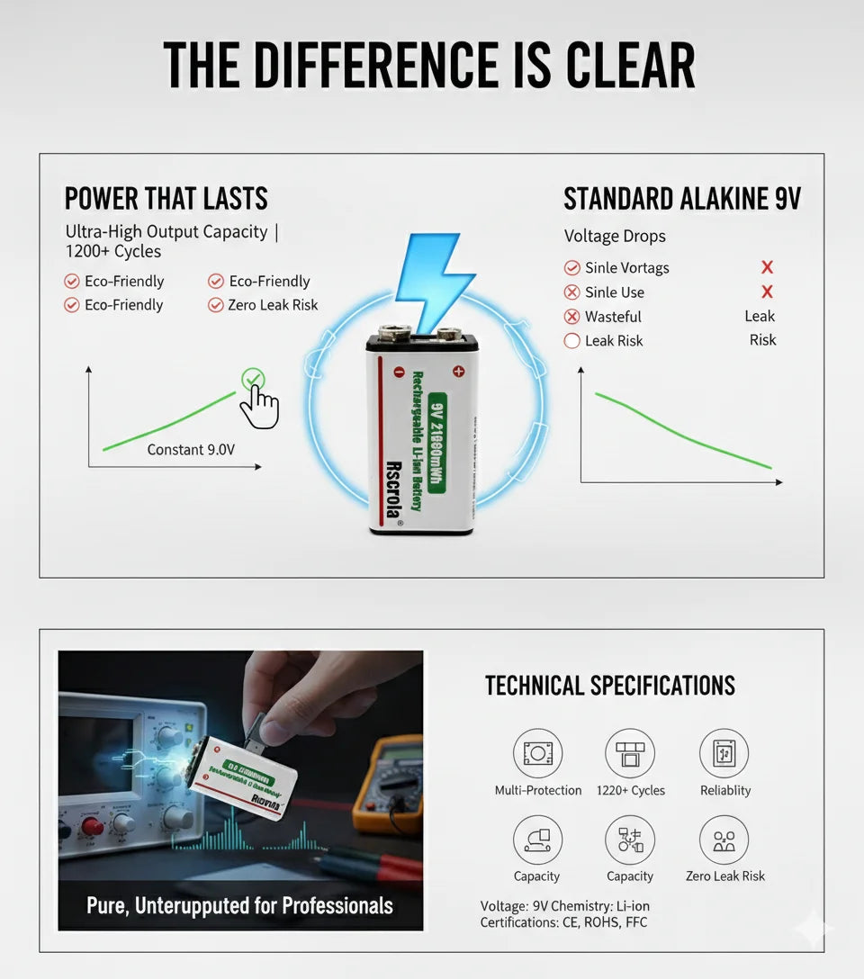 Rechargeable Li-ion High Capacity Battery, 1200+ Cycles, Constant Output for 9V devices Oasis Select