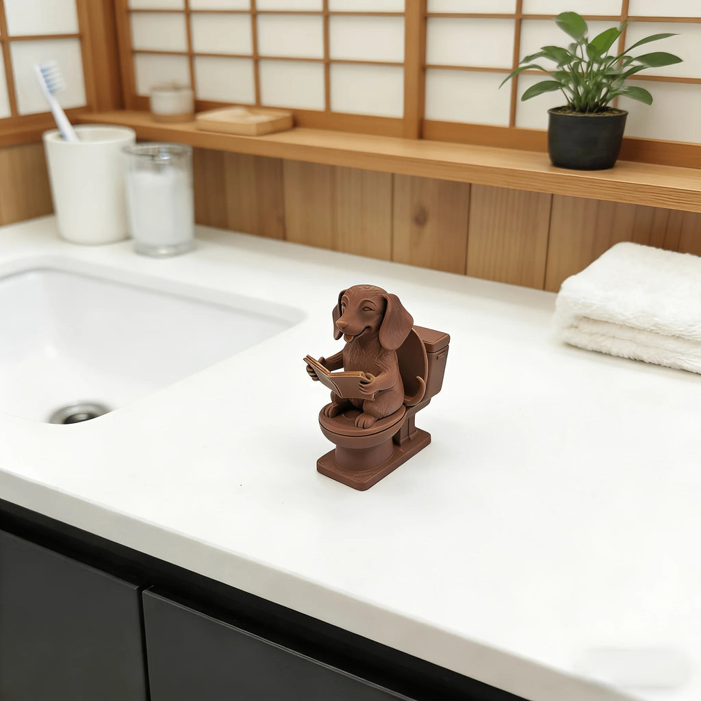 Quirky Dachshund on Toilet Miniature Figurines 3D Printing Desk Mate Humorous Dogs Reading Book Ornaments Decor Home Funny Gifts Oasis Select
